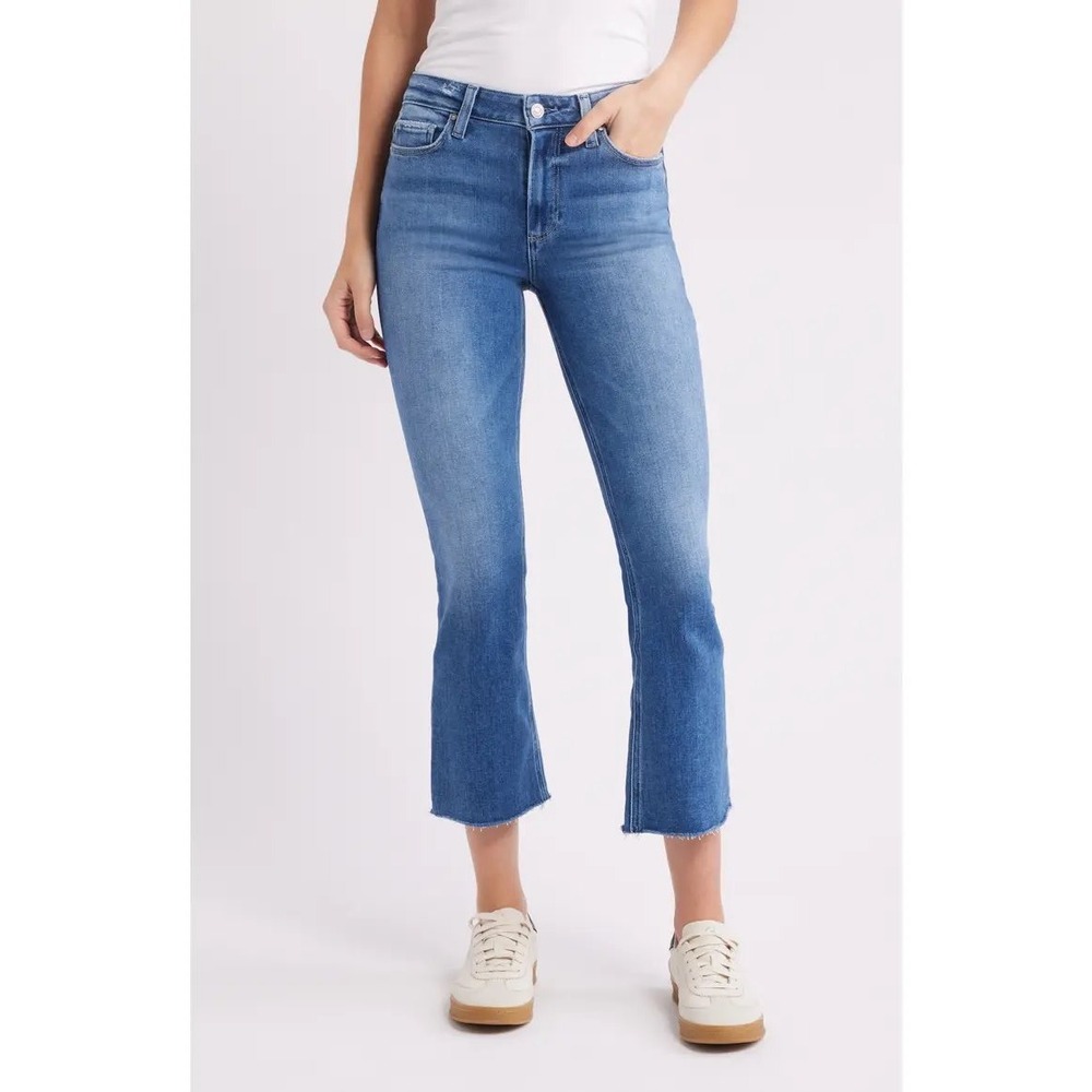 PAIGE Colette Crop Flare Jeans Blue Raw Hem High Rise Denim Size 27